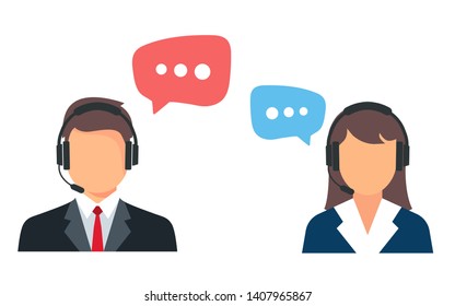 Call center. Help, Support and Contact. Customer Service Icon. Male and female call center working in headphones. Customer service character.