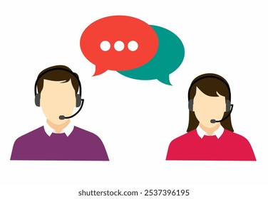 Call center. Help, Support and Contact. Customer Service Icon. Male and female call center working in headphones. Customer service character. Flat vector illustration.
