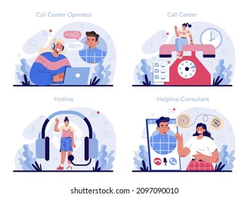 Call center or helpline set. Support operator wearing headsets, talking to a person. Operator consult clients on phone. Providing customer with valuable information. Flat vector illustration