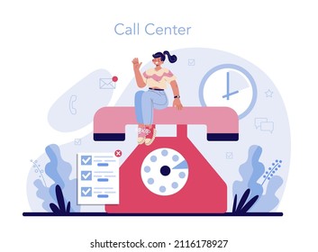 Centro de llamadas o línea de ayuda. Operador de soporte con auriculares, hablando con una persona. El operador consulta a los clientes por teléfono. Proporcionar al cliente información valiosa. Ilustración vectorial plana