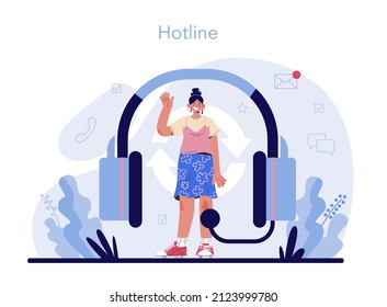 Call center or helpline. Support operator wearing headsets, talking to a person. Operator consult clients on phone. Providing customer with valuable information. Flat vector illustration