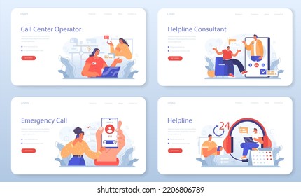 Call center or helpline web banner or landing page set. Support operator wearing headsets, talking to a person. Operator providing people with valuable information. Flat vector illustration