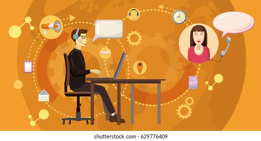 Call center horizontal concept. Cartoon illustration of call center banner horizontal vector for web