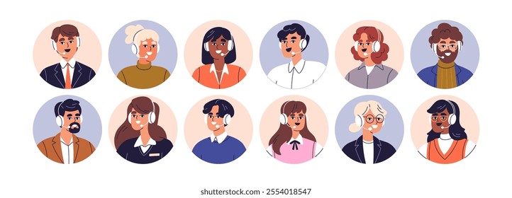 Call center and hotline agents. Help desk, face avatars set. Customer service, support centre representatives, helpdesk workers, head portraits. Flat vector illustrations isolated on white background