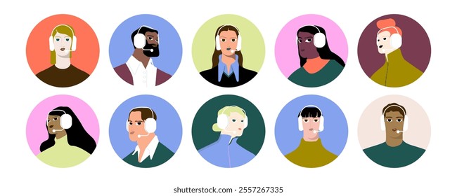 Call center and hotline agents. Help desk, face avatars set. Customer service, support centre representatives, helpdesk workers, head portraits. Flat vector illustrations isolated on white background