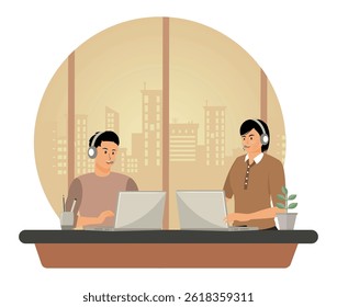 Call center, hotline concept. Smiling office workers with client in the office. Flat vector modern illustration  