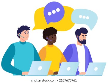 Call center, hotline Customer service, hotline operators consult customers with headsets on computers, 24 7 global online technical support, Call center, call processing system, Vector illustration 