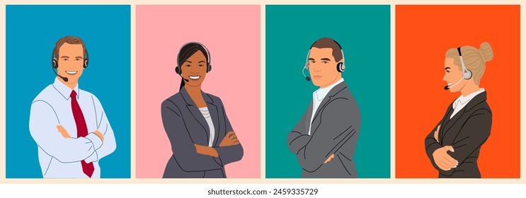 Call center, hotline, customer service representatives with headset vector realistic illustrations isolated. Technical support department workers, telemarketing agents. Multiethnic diverse team.