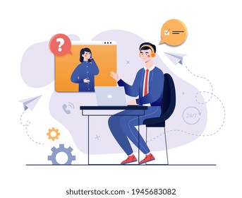 Call center, hotline, customer support department staff, telemarketing agent, male operator advises client, online global technical support. Flat abstract cartoon vector illustration concept design.