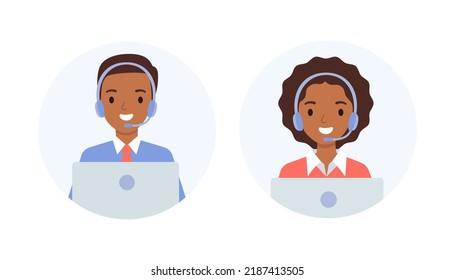 Call center, hotline customer support. Office employees at the table with headphones, telemarketing agents.