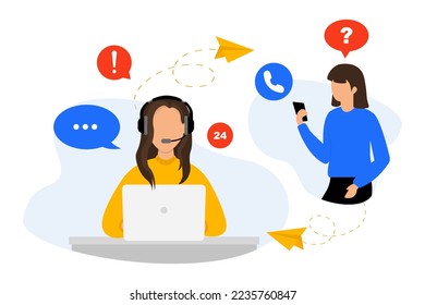 Call center, hotline customer support. Hotline operator advises customer. Woman with headset is sitting at her computer and  talking with client. Online support 24 hours. Online customer service