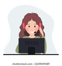 Call center, hotline Customer support service. Woman with headphones and microphone with laptop. Office worker. Customer Support Officer, Telemarketing Agents.