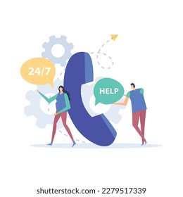 Call center hotline customer support service flat concept with human characters of operators answering questions on phone vector illustration