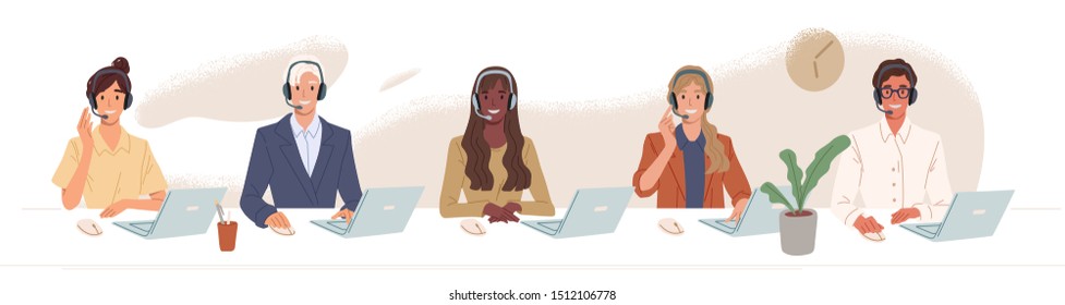 Call center, hotline flat vector illustrations. Smiling office workers with headsets cartoon characters. Customer support department staff, telemarketing agents. Multiethnic, diverse team.