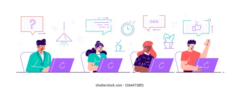 Call center, hotline flat vector illustrations. Smiling office workers with headsets cartoon characters. Customer support department staff, telemarketing agents. Multiethnic, diverse team. Flat style.