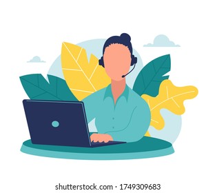 Call center, hotline flat vector illustrations. Smiling office worker with headsets cartoon characters. Customer support department staff, telemarketing agents.Multiethnic, diverse team