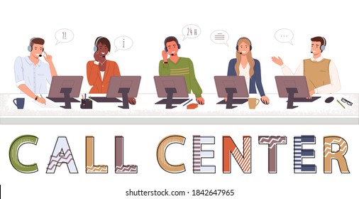 Call Center, Hotline Flat Vector. Smiling Office Workers With Headsets Cartoon Characters. Call Center Workers Help Clients. Customer Support Department Staff, Telemarketing Agents. Multiethnic Team.