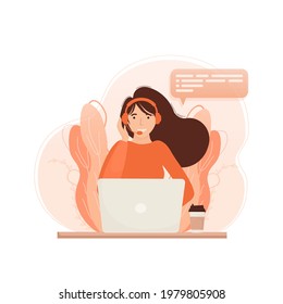 Call center, hotline flat vector illustrations. Smiling office workers with headsets cartoon characters. Character with headphones and microphone with laptop.