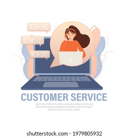 Call center, hotline flat vector illustrations. Smiling office workers with headsets cartoon characters. Character with headphones and microphone with laptop.