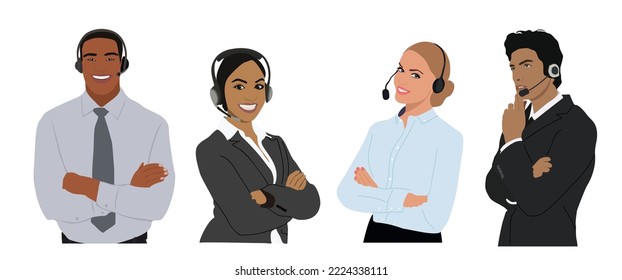 Call center, hotline flat vector realistic illustrations. Smiling office workers with headsets cartoon characters. Customer support department staff, telemarketing agents. Multiethnic, diverse team.