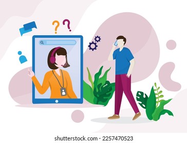 Call center, hotline flat vector illustrations. Smiling office workers with headsets cartoon characters. Customer support department staff, telemarketing agents.