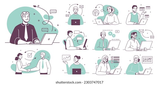 Call center, hotline flat vector illustrations flat cartoon set. Smiling office workers with headsets characters. Customer support department staff, telemarketing agents, teamwork cooperation