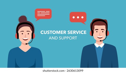Call center, hotline flat vector illustrations. Smiling office workers with headsets cartoon characters. Customer support department staff, telemarketing agents. Multiethnic, diverse team.