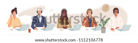 Call center, hotline flat vector illustrations. Smiling office workers with headsets cartoon characters. Customer support department staff, telemarketing agents. Multiethnic, diverse team.