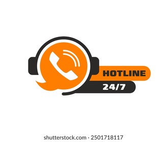 Call Center, Hotline-Hilfesymbol, Kundendienst-Symbol. Isolierte Vektor-Telefonröhre innerhalb einer orangefarbenen Sprechblase mit Headset. Emblem für Kommunikation, Assistenzhilfe und Live-Interaktion