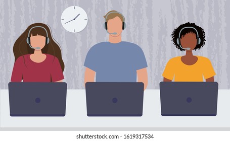 Call center, hotline. Office workers with headsets. Customer support department staff, telemarketing agents. Vector illustration in flat style.