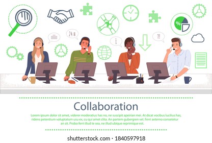 Call center hotline. Online support worker, telephone service operator. Dispatcher, workplace of customer support manager at computer desk. Remote service specialist with headphone. Collaboration