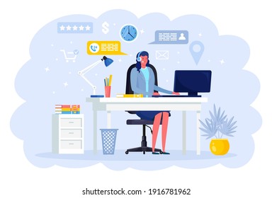 Call center, hotline. Smiling office worker with headsets and microphone. Operator, consultant speaking with client
Customer support department staff, telemarketing agent. Vector illustration