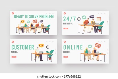 Call Center Hotline, Technical Support Landing Page Template Set. Customer Service Staff Work. Operator and Client Communication, Specialist Solve Clients Problems. Cartoon People Vector Illustration