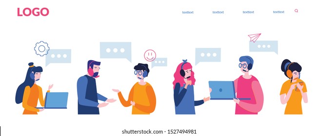 Call center, hotline  Vector illustration for web banner, infographics, mobile website. Customer support department staff, telemarketing agents. Online support.