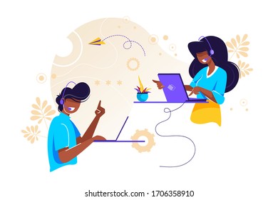 Call center, hotline Vector illustration for web banner, infographics, mobile website. Customer support department staff, telemarketing agents. Online support.