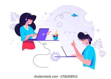 Call center, hotline Vector illustration for web banner, infographics, mobile website. Customer support department staff, telemarketing agents. Online support.