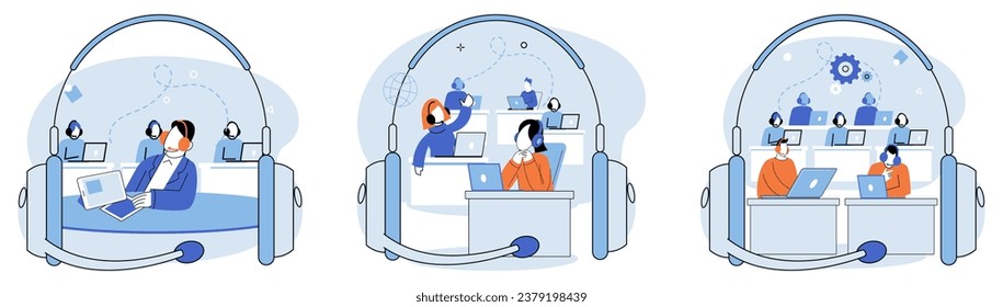 Call center hotline. Vector illustration. The call center hotline is hub activity and support Information flows seamlessly through call center hotline for effective communication The call center