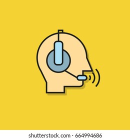 call center, human head and headphone icon on yellow background