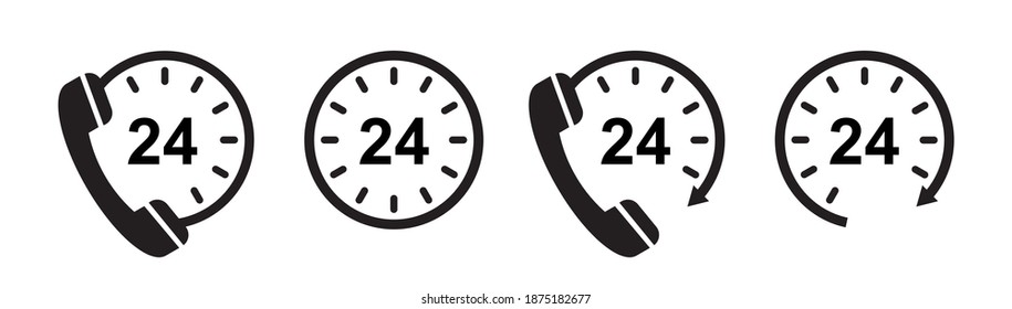 Call center icon 24 hours a day set. Open 24 hours, symbols, arrows, telephones. Vector illustration.