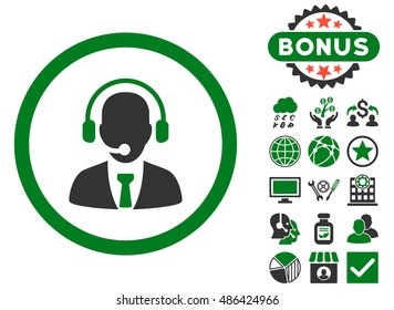 Call Center icon with bonus design elements. Vector illustration style is flat iconic bicolor symbols, green and gray colors, white background.
