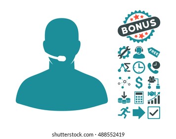 Call Center icon with bonus images. Vector illustration style is flat iconic bicolor symbols, soft blue colors, white background.