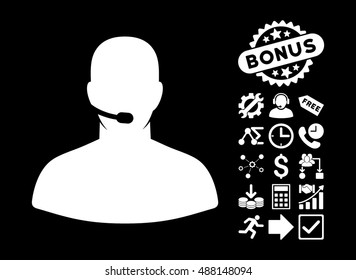 Call Center icon with bonus pictures. Vector illustration style is flat iconic symbols, white color, black background.