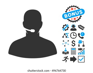 Call Center icon with bonus icon set. Vector illustration style is flat iconic bicolor symbols, blue and gray colors, white background.