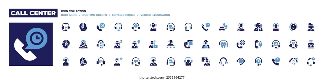 Call center icon collection. Bold style. Duotone colors. hours support, rating, support, headset, customer service, online support, call center, call center agent.
