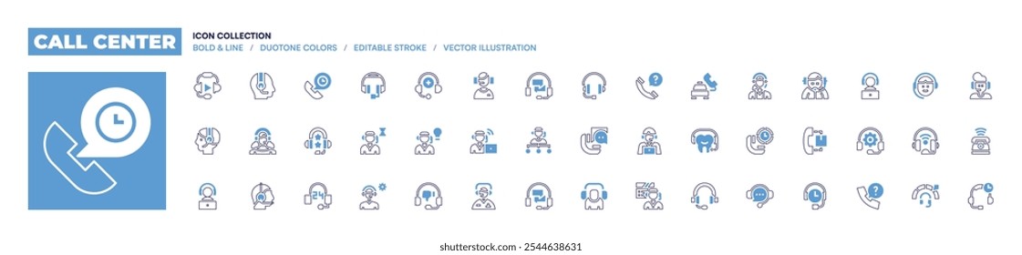 Call center icon collection. Bold line style. Duotone colors. Editable stroke. discussion, medical support, telemarketer, bad review, call center agent, call center, supervisor.