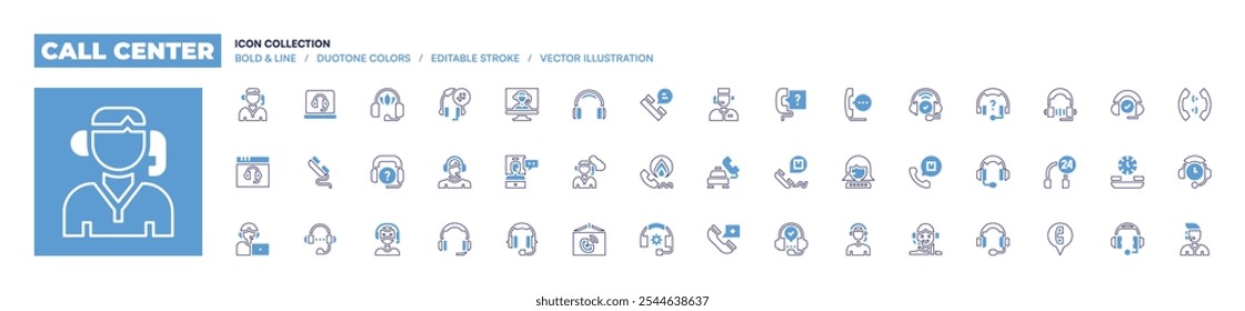 Coleção de ícones do call center. Estilo de linha em negrito. Cores duotônicas. Curso editável. emergência, atendimento ao cliente, fones de ouvido, fone de ouvido, telemarketer, agente de call center, call center.