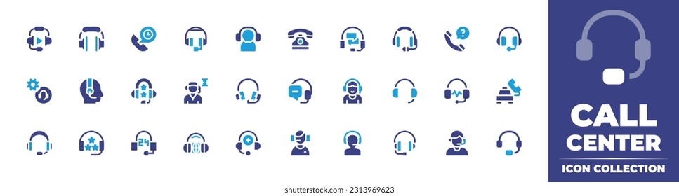 Colección de iconos del centro de llamadas. Color de duotona. Ilustración vectorial. Consta de auriculares, soporte de horas, auriculares, soporte, teléfono, discusión, preguntas, asistencia técnica, servicio al cliente, clasificación.