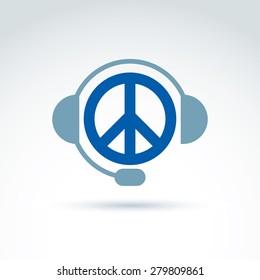 Call center icon with headphones, consultation symbol. Antiwar vector icon, peace symbol from 60s.