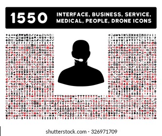 Call Center icon and other web interface, business, tools, people, medical service and awards vector symbols. Style is bicolor flat symbols, intensive red and black colors, rounded angles, white