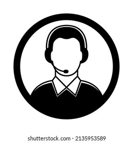Icono del centro de llamadas, en un marco redondo. icono Hombres con auriculares. Ilustración vectorial aislada en fondo blanco. EPS 10
